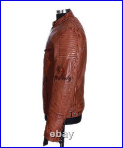 Men's SCORPIO TAN New Casual Biker Style Quilted Real Lambskin Leather Jacket