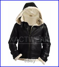 Men's Stylish B3 Bomber Full Fur Removable Hood Genuine Leather Jacket ALL SIZES