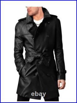 Men's Stylish Belted Black Long Coat, Leather Trench Coat, Pea Coat