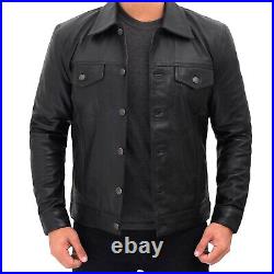 Men's TRUCKER Leather Jacket Lambskin Western Classic Jackets Shirt Style Black
