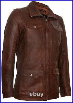 Men's Tan Brown Leather Jacket Safari Casual Multi-Pocket Trench Jacket