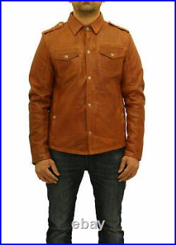 Men's Tan Leather Shirt 100% Genuine Lambskin Soft Slim Fit Vintage shirt ZL28