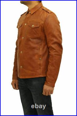 Men's Tan Leather Shirt 100% Genuine Lambskin Soft Slim Fit Vintage shirt ZL28