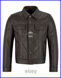 Men's Trucker Jacket Western Classic Chocolate Cowhide Leather Denim Look Jacket