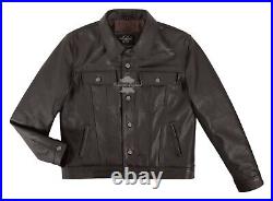 Men's Trucker Jacket Western Classic Chocolate Cowhide Leather Denim Look Jacket