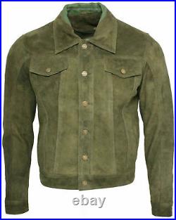 Men's Trucker Style Casual Khaki Green Sheepskin Suede Stylish Jeans Shirt ZL68