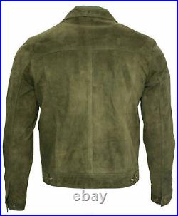 Men's Trucker Style Casual Khaki Green Sheepskin Suede Stylish Jeans Shirt ZL68