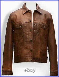 Men's Western Trucker Distressed Brown Leather Jacket Sheepskin Slim Fit