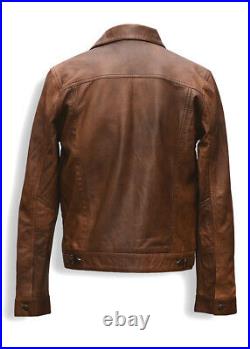 Men's Western Trucker Distressed Brown Leather Jacket Sheepskin Slim Fit