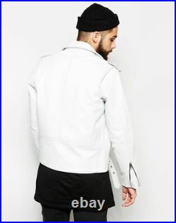 Men's White Leather Jacket Biker Lambskin Slim Fit Size All Sizes