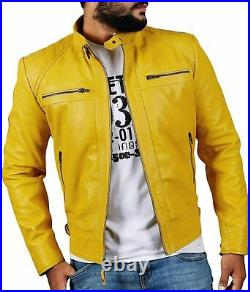 Men's Yellow Leather Jacket Genuine Lambskin Slim FIt Motorcycle jacket #MJ001