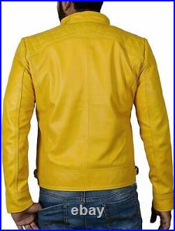 Men's Yellow Leather Jacket Genuine Lambskin Slim FIt Motorcycle jacket #MJ001