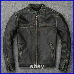 Mens Biker Motorcycle Vintage Distressed Black Faded Winter Leather Jacket