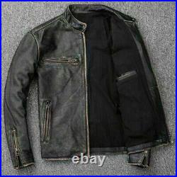 Mens Biker Motorcycle Vintage Distressed Black Faded Winter Leather Jacket