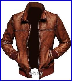 Mens Biker Motorcycle Vintage Distressed Brown Bomber Winter Leather Jacket