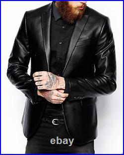 Mens Black Blazer Real Genuine Leather Coat Jacket Classic Stylish Soft Leather