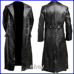 Mens Black Leather Classic Trench Coat Military Style Button Closure Red Silver