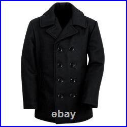 Mens Black US Navy Vintage Pea Coat Winter Warm Style Woolen Overcoat