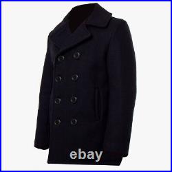 Mens Black US Navy Vintage Pea Coat Winter Warm Style Woolen Overcoat