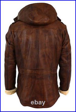 Mens Brown Duffle Over Coat Trench Hooded Long Genuine Sheepskin Leather Jacket