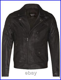 Mens Cross Zip Black Leather Biker Jacket Retro Vintage Quilted Jacket