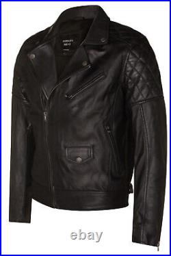 Mens Cross Zip Black Leather Biker Jacket Retro Vintage Quilted Jacket