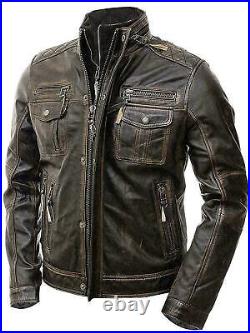 Mens Distressed Motorcycle Retro Genuine Vintage Cafe Racer Leather Jacket