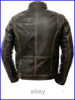 Mens Distressed Motorcycle Retro Genuine Vintage Cafe Racer Leather Jacket