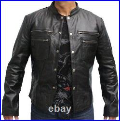 Mens Fashion Jacket Pure Vintage Black Leather Biker Slim Fit Casual Zip Up New