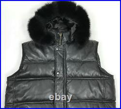Mens Genuine Lambskin Leather Bubble Puffer Vest Black Fox Fur Hood All Sizes
