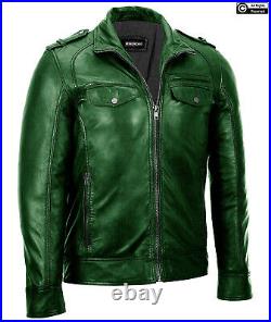 Mens Green Classic Fashion Biker Motorcycle Cafe Racer Retro Leather Jacket NEW