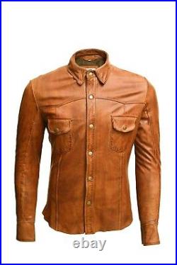 Mens Leather Shirt Real lamb skin leather casual shirt for mens