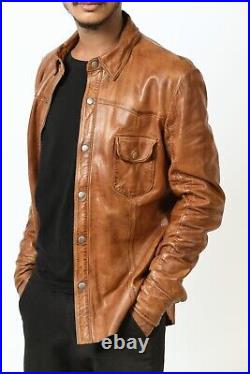 Mens Leather Shirt Real lamb skin leather casual shirt for mens