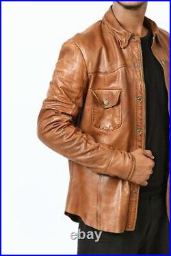 Mens Leather Shirt Real lamb skin leather casual shirt for mens