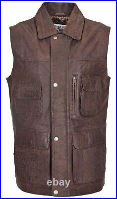Mens Leather Waistcoat Gilet Multi Pocket Hunter Vest Fishing Hiking Brown BNWT