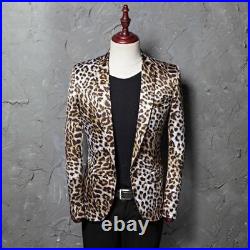 Mens Leopard Print Notch Neck V Neck Suit Slim Fit Jacket Party Cocktail Costume