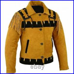 Mens Native Western Cowboy Style Suede Leather Jacket Coat With Fringes