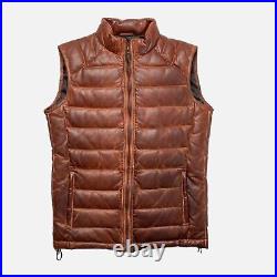 Mens Puffer Leather Vest Sleeveless Pure Brown Lambskin Leather Vest