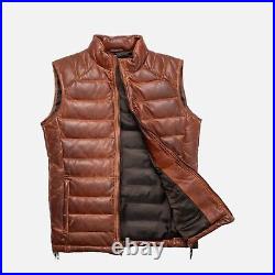 Mens Puffer Leather Vest Sleeveless Pure Brown Lambskin Leather Vest