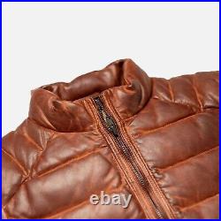 Mens Puffer Leather Vest Sleeveless Pure Brown Lambskin Leather Vest