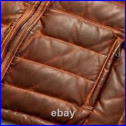 Mens Puffer Leather Vest Sleeveless Pure Brown Lambskin Leather Vest