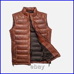 Mens Puffer Leather Vest Sleeveless Pure Brown Lambskin Leather Vest