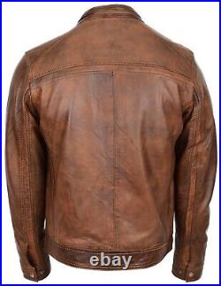 Mens Real Leather Biker Jacket Casual Cafe Racer Style Charlie Antique Brown