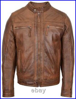 Mens Real Leather Biker Jacket Casual Cafe Racer Style Charlie Antique Brown