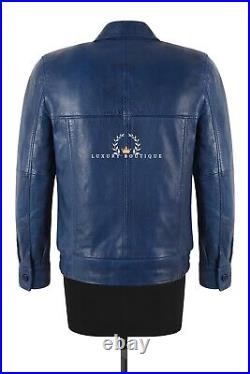 Mens Retro Style Jacket Blue Waxed Classic Collar Blouson Bomber Leather Jacket