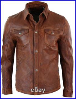 Mens Shirt Jacket Brown Real Soft Genuine Waxed Leather Shirt All Sizes