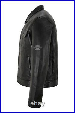 Mens Trucker Leather Jacket Black Real Lambskin Classic 80s Western Jackets 1280