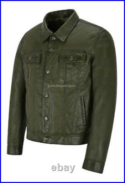 Mens Trucker Real Leather Jacket Olive Napa Western Fashion Biker Style 1280