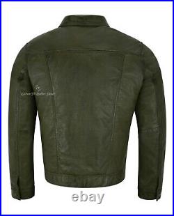 Mens Trucker Real Leather Jacket Olive Napa Western Fashion Biker Style 1280