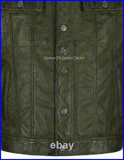 Mens Trucker Real Leather Jacket Olive Napa Western Fashion Biker Style 1280